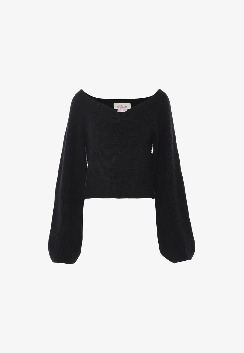 Schwarzer, kurze Pullover mit einem schulterfreien Ausschnitt, großen Ballonärmeln und einer gerippten Textur.