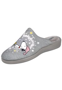 Zapatillas de casa grises con diseño de un perro de dibujos animados, adornadas con estrellas y destellos. Interior suave y suela ligera y flexible.