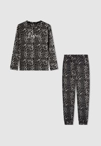 Set di pigiama con stampa leopardata in nero e grigio. Top a maniche lunghe con testo "Love"; pantaloni abbinati con vita elasticizzata. Tessuto morbido e elasticizzato.