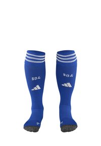 Calze blu alte fino al ginocchio con strisce bianche nella parte superiore. Presenta "SD4" e un logo Adidas in bianco. Realizzate in un tessuto texturizzato.