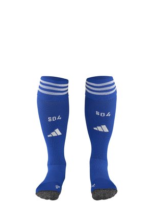 Blaue kniehohe Socken mit weißen Streifen oben. Enthält "SD4" und ein Adidas-Logo in Weiß. Hergestellt aus einem strukturierten Stoff.