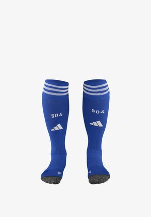 Blaue kniehohe Socken mit weißen Streifen oben. Enthält "SD4" und ein Adidas-Logo in Weiß. Hergestellt aus einem strukturierten Stoff.