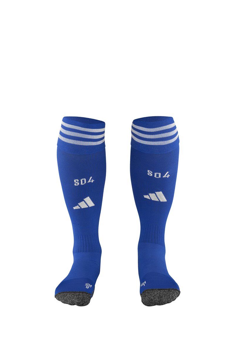 Calze blu alte fino al ginocchio con strisce bianche nella parte superiore. Presenta "SD4" e un logo Adidas in bianco. Realizzate in un tessuto texturizzato.