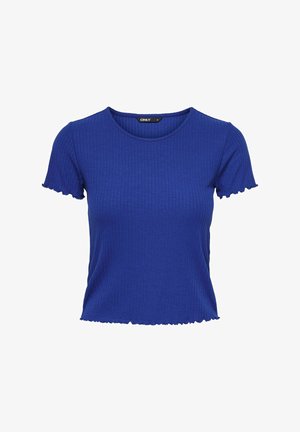 Modra rebrasta kratka majica s kratkimi rokavi in okroglim izrezom ter volančkom na robu. Narejena je iz raztegljivega materiala in ima telesno prileganje. Oznaka blagovne znamke je vidna.