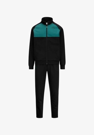 Tuta nera con giacca con zip, dotata di un pannello superiore color teal e maniche nere. Include pantaloni neri abbinati. Realizzato in materiale morbido.