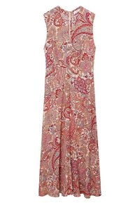 Robe sans manches présentant un imprimé cachemire dans des tons rouges et beiges. Le tissu est léger avec une silhouette fluide et un détail en forme d'œillet au dos.