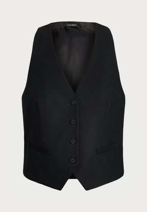 Gilet noir avec un col en V, comportant six boutons sur le devant, deux poches latérales et une finition en tissu texturé.