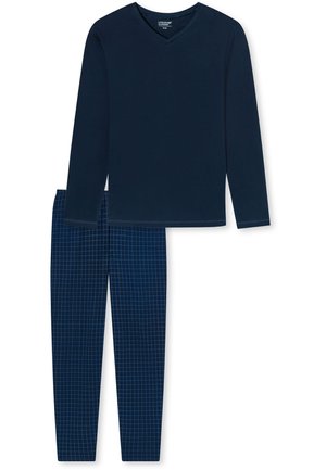 Navy blue long-sleeve V-neck top paired with check-patterned pants in dark blue with light blue grid lines. Soft fabric, casual design.