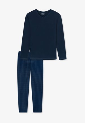 Marineblauwe lange mouw V-hals top gecombineerd met broeken in een ruitpatroon in donkerblauw met lichtblauwe ruitlijnen. Zacht materiaal, casual ontwerp.