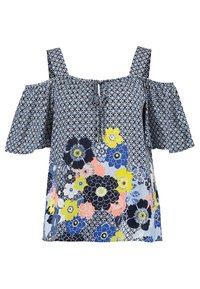 Top w kwiatowy wzór z odkrytymi ramionami, w kolorach granatowym, żółtym i różowym. Lekka tkanina, kwadratowy dekolt i krótkie rękawy.