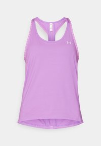 Top sportivo viola con design a schiena scoperta, realizzato in tessuto liscio. Presenta dettagli con il nome del marchio sulle spalline.