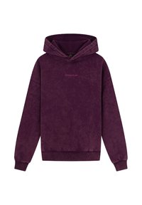 Paarse hoodie gemaakt van zacht materiaal, met een voorzak in kangoeroestijl, ribgebreide manchetten en een kleine logo-opdruk in het midden van de borst.