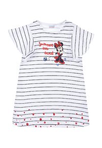 Abito bianco a maniche corte con strisce nere, caratterizzato da pois rossi all'orlo e un design ricamato di Minnie Mouse con la scritta "Estate, mare, sabbia."