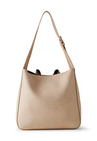 Beige textured shoulder bag with a smooth leather strap, featuring a structured shape and open top design. Ideal for everyday use.