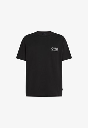 T-shirt en coton noir à manches courtes, col rond, avec un texte logo blanc sur la poitrine. Ourlet droit, design simple, sans motifs ni accents.