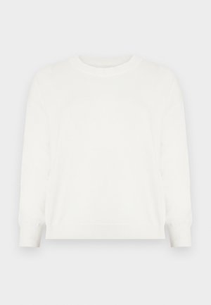 Pulover alb, guler rotund, mâneci trei sferturi, textură moale, manșete și tiv striate, design minimalist fără modele.