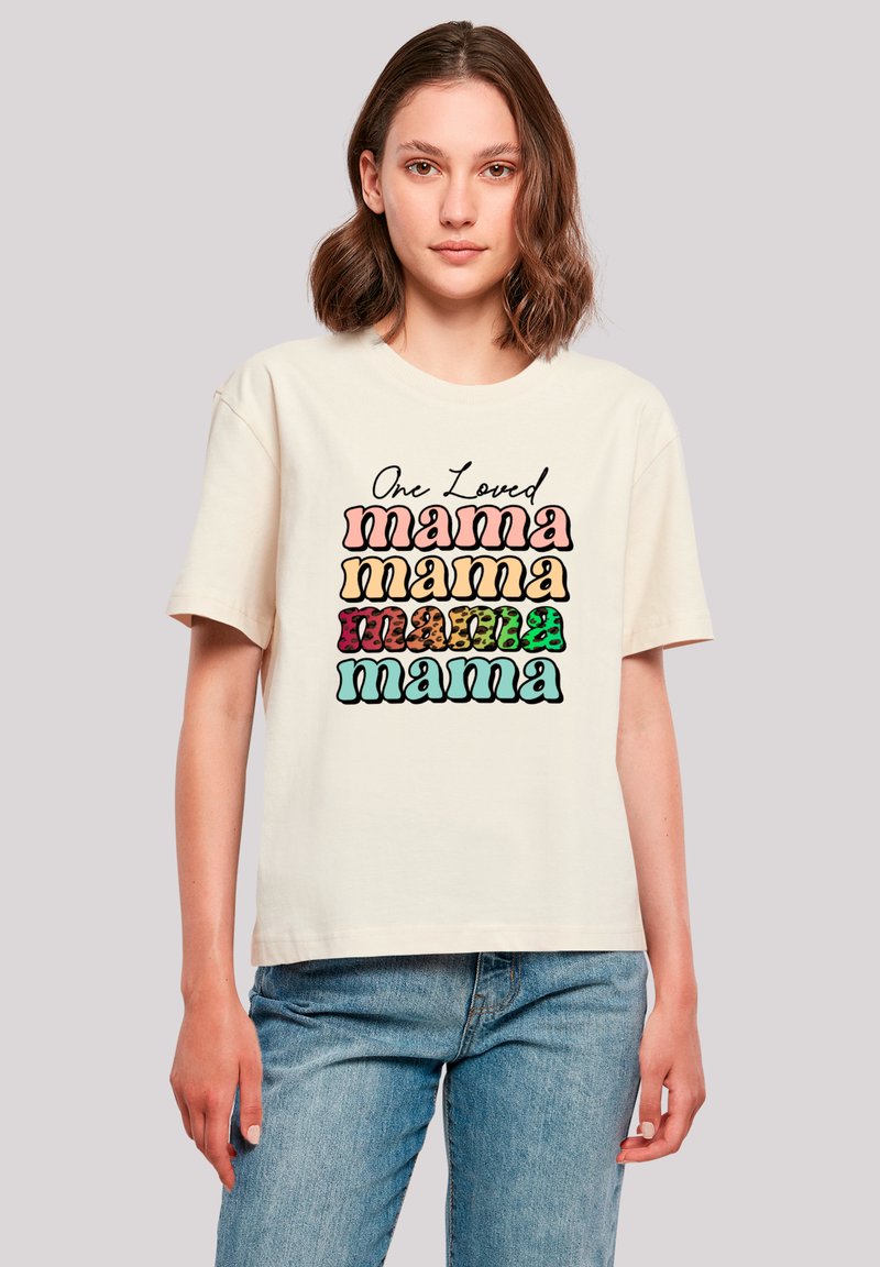 Cream-colored short-sleeve t-shirt featuring colorful "mama" text in various fonts and patterns, with the phrase "One Loved" above.