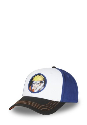 Casquette avec un devant blanc, des côtés bleus et une visière noire. Présente un patch graphique circulaire de Naruto et des coutures orange sur la visière.