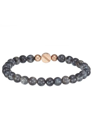 Armband aus Lavasteinperlen in verschiedenen Grautönen, mit einem glatten, runden Design und einem zentralen magnetischen Verschluss in metallic-goldener Optik.
