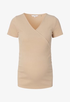 Beige, kortærmet graviditetstop med V-hals og crossover-design. Lavet af ribbet stof med rynkning i siderne for at sikre pasform.