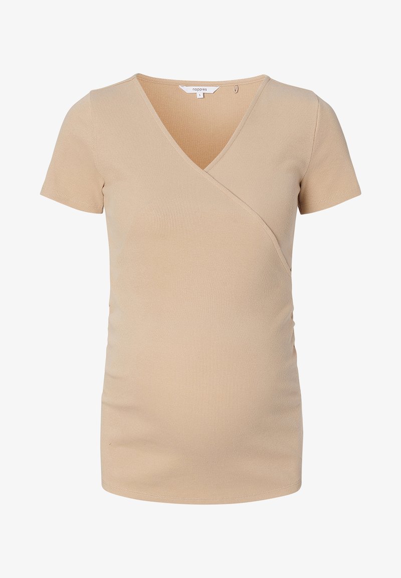 Beige, kurzärmliges Umstandstop mit V-Ausschnitt und Überlappungsdesign. Hergestellt aus Rippstoff mit Raffungen an den Seiten für eine optimale Passform.