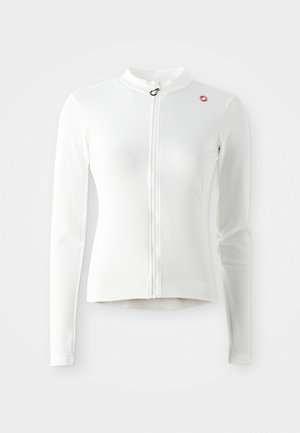 Weißes Langarm-Radtrikot mit durchgehendem Reißverschluss, hohem Kragen und kleinem Logo auf der oberen linken Seite. Glattes, dehnbares Material.