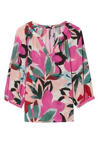 Blusa floreale in tessuto leggero, con scollatura a V, maniche 3/4 e motivi multicolori in rosa, verde e nero.