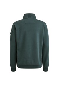Dark green sweatshirt with a high collar, ribbed cuffs, and hem. Features a side pocket on the left sleeve. Soft texture, casual design.