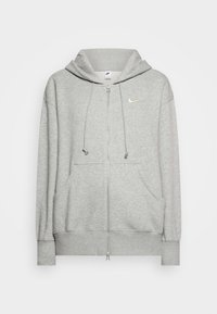 Ljusgrå fullzip-hoodie med dragsko i huvan, framfickor, ribbade ärmar och en liten vit Nike-logga på vänster bröst.