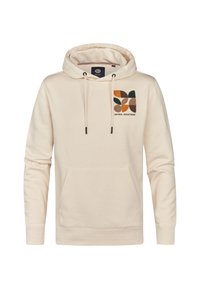Sudadera color crema con un bolsillo frontal, que presenta un diseño geométrico colorido bordado en el lado izquierdo del pecho y cordones ajustables.