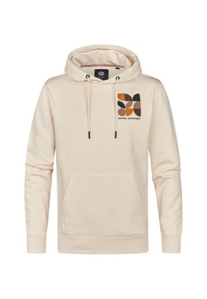 Crème-kleurige hoodie met een voorzak, featuring een kleurrijk, geborduurd geometrisch ontwerp op de linkerborst en verstelbare trekkoorden.