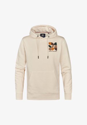 Felpa color crema con tasca frontale, dotata di un design geometrico ricamato colorato sul lato sinistro del petto e di cordini regolabili.