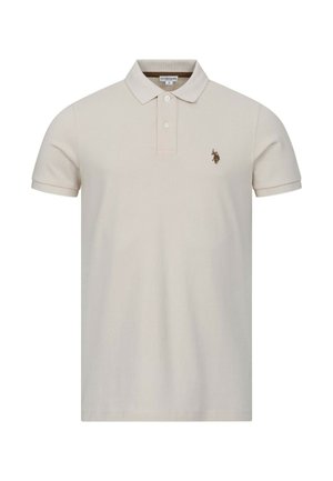 Beige short-sleeve polo shirt with two white buttons, collar, and small brown embroidered horse logo on the left chest.