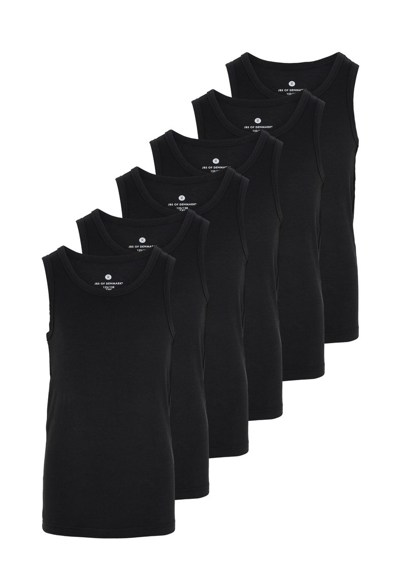 Seks sorte bomulds tank tops med rund hals og lige kant. De har en glat tekstur og er identiske i design.