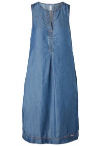 Džínové šaty bez rukávů, světle modré barvy, s výstřihem do V a prošívanými detaily na přední straně, vybavené postranními kapsami.