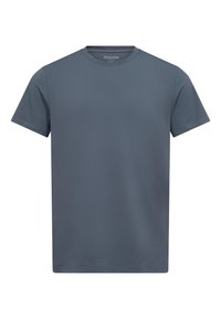 Mørkeblå bomulds T-shirt med rund halsudskæring og korte ærmer; glat tekstur og klassisk pasform. Ingen synlige mønstre eller detaljer.