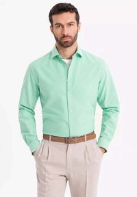 Camicia button-up verde chiaro con maniche lunghe, design con colletto, abbinata a pantaloni beige a pieghe e una cintura marrone.