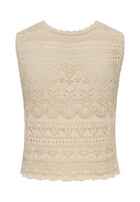 Top beige sans manches en crochet avec des motifs de dentelle géométriques et festonnés complexes, avec un col rond et un ourlet festonné.