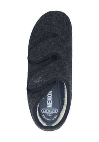 Gray fleece slipper with a textured exterior, two adjustable straps, and a soft interior lining. Features an anti-shock sole.