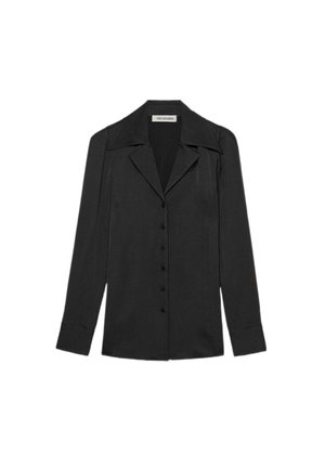 Schwarze, taillierte Hemdbluse aus glattem Stoff, mit spitzem Kragen, langen Ärmeln und geradem Saum mit sichtbaren Knöpfen.
