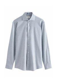 Light blue long-sleeve button-down shirt, made of soft fabric, featuring a classic collar, front placket with buttons, and cuffed sleeves.