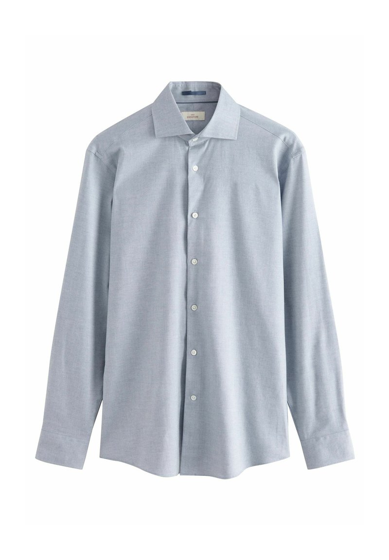 Light blue long-sleeve button-down shirt, made of soft fabric, featuring a classic collar, front placket with buttons, and cuffed sleeves.