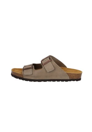 Light brown suede sandals with two adjustable buckles. Cork footbed and textured rubber sole provide comfort and grip.