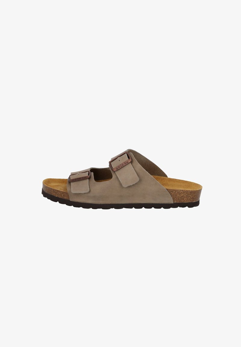 Lichtbruine suède sandalen met twee verstelbare gespen. De kurken voetbed en de gestructureerde rubberen zool zorgen voor comfort en grip.