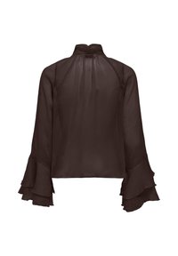 Blouse à manches longues marron foncé avec col montant et poignets à volants étagés, vue de dos sur fond blanc.