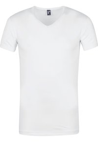 Witte T-shirt met korte mouwen en V-hals, gemaakt van zachte katoen. Heeft een eenvoudig ontwerp met een gladde textuur en een label met "ALAN RED."