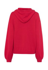 Rote gestrickte Kapuzenjacke mit entspannter Passform, ausgestattet mit einer abgerundeten Kapuze, ribbelten Bündchen und Saum. Glatte Textur mit dezenten Nähdetails.