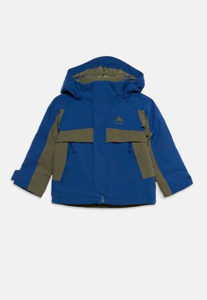 Veste à capuche bleu et vert olive avec une fermeture éclair frontale, deux poches zippées et un petit logo montagne, présentée sur un fond uni.