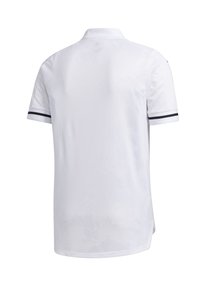 Hvid polo skjorte med klassisk krave, korte ærmer og sorte striber på manchetterne. Glat tekstur, lige kant og ingen synlig branding.