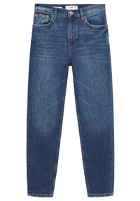 Jean en denim bleu avec jambe fuselée, fermeture avant par bouton et zip, et design à cinq poches, posé à plat sur un fond blanc.